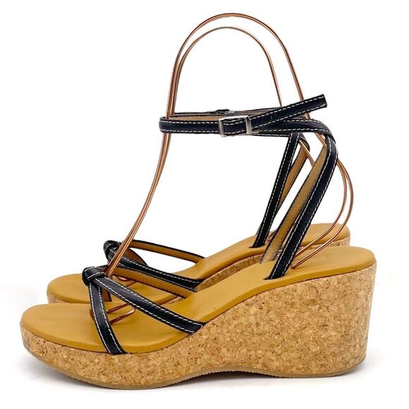 J. Crew Donna Wedge Sandals Size 8 Black Leather Cork Ankle Strap Vintage Y2K - Picture 1 of 14
